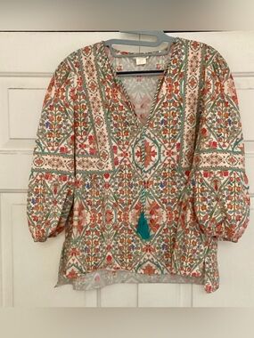 Shoshanna Medallion Floral Balloon Sleeve Peplum Blouse Top - Size Large